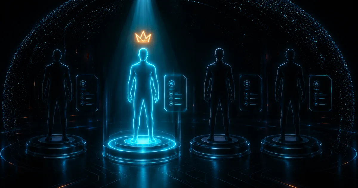Four character silhouettes on glowing pedestals with one highlighted by a cyan spotlight