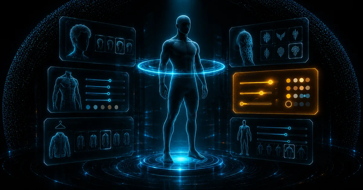 Character surrounded by orbiting glass customization panels lit by a cyan scanning ring