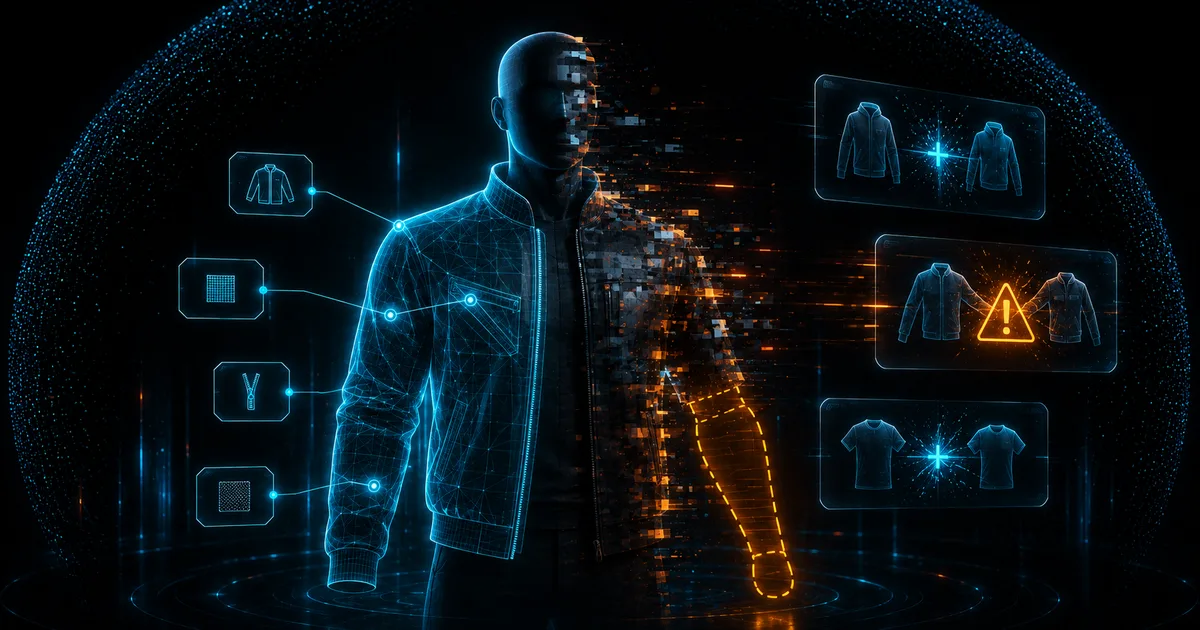 Mannequin wearing a jacket half rendered in cyan wireframe and half dissolving into corrupted pixels