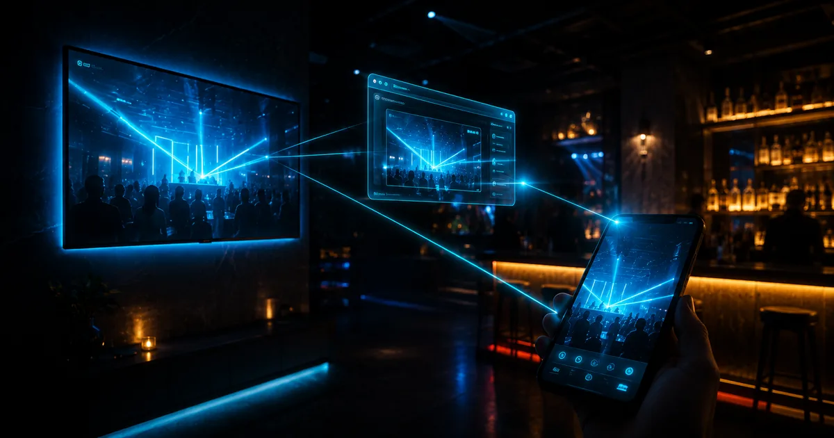 Nightclub TV and a smartphone both displaying the same glowing interface connected by holographic beams