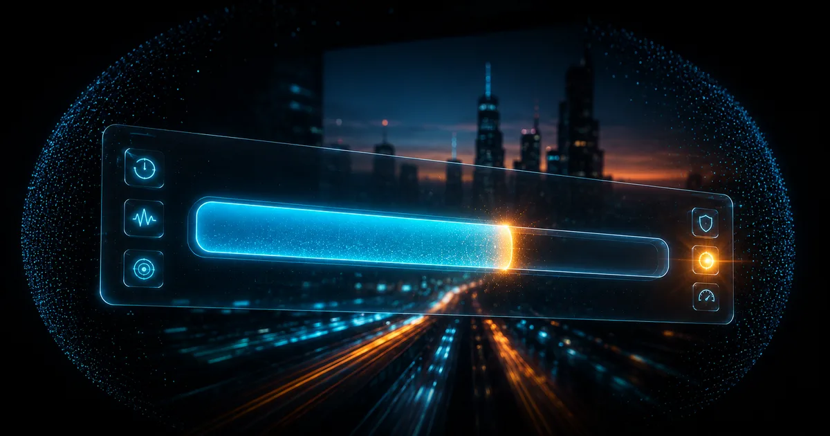 Futuristic loading bar glowing cyan with an amber leading edge over a night city skyline