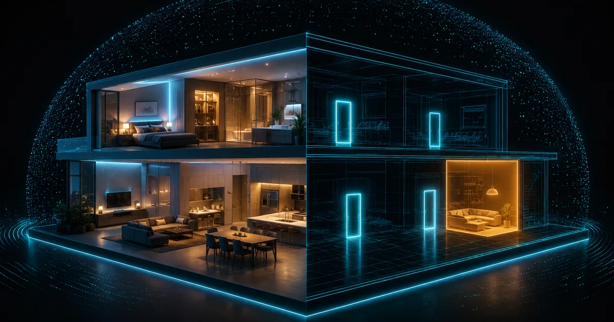 Cross-section of a building interior, half solid render and half cyan wireframe with glowing portals