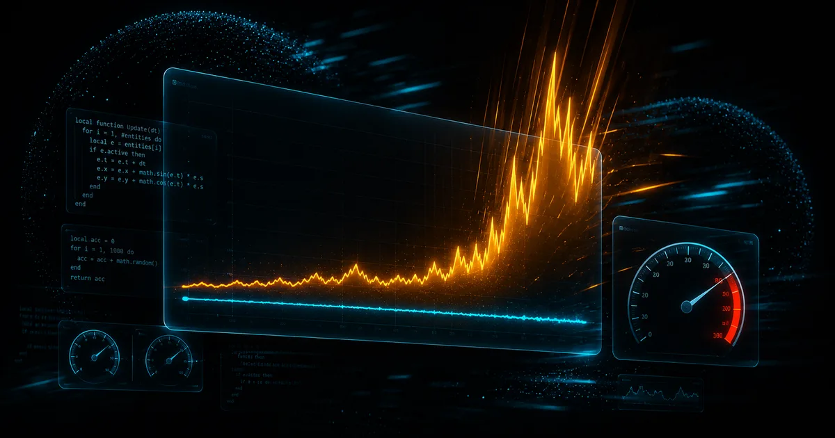 Neon frametime graph spiking in amber over a calm cyan baseline on a dark glass dashboard