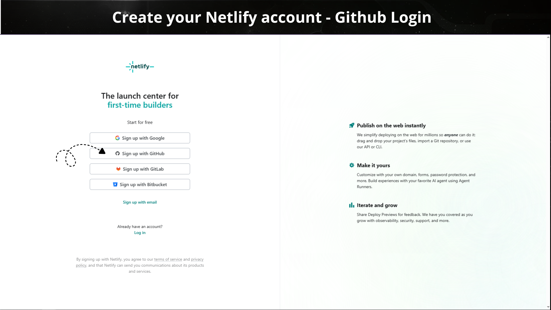 Signing up to Netlify with your GitHub account