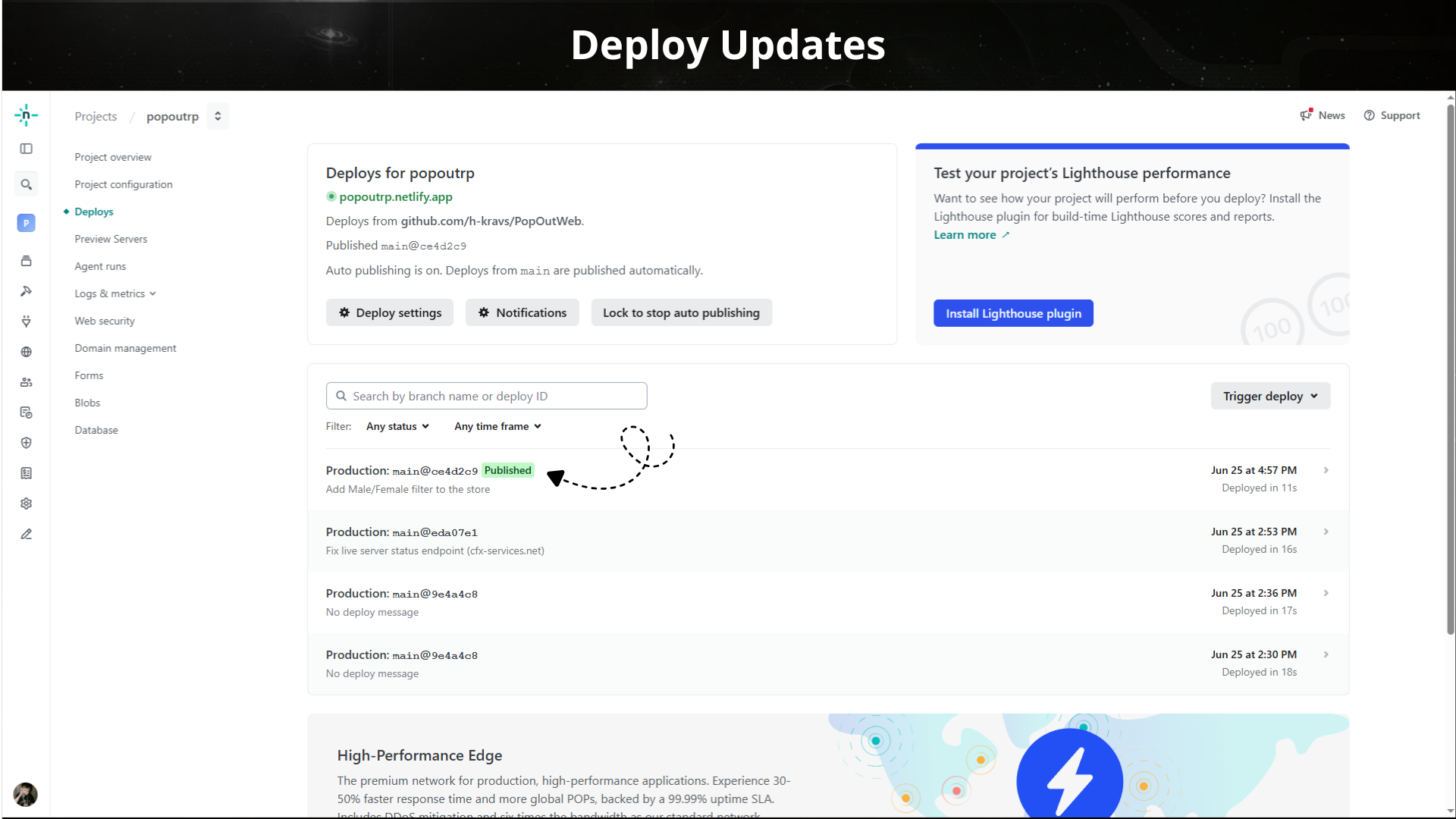 The Deploys tab — every update we ship shows up here