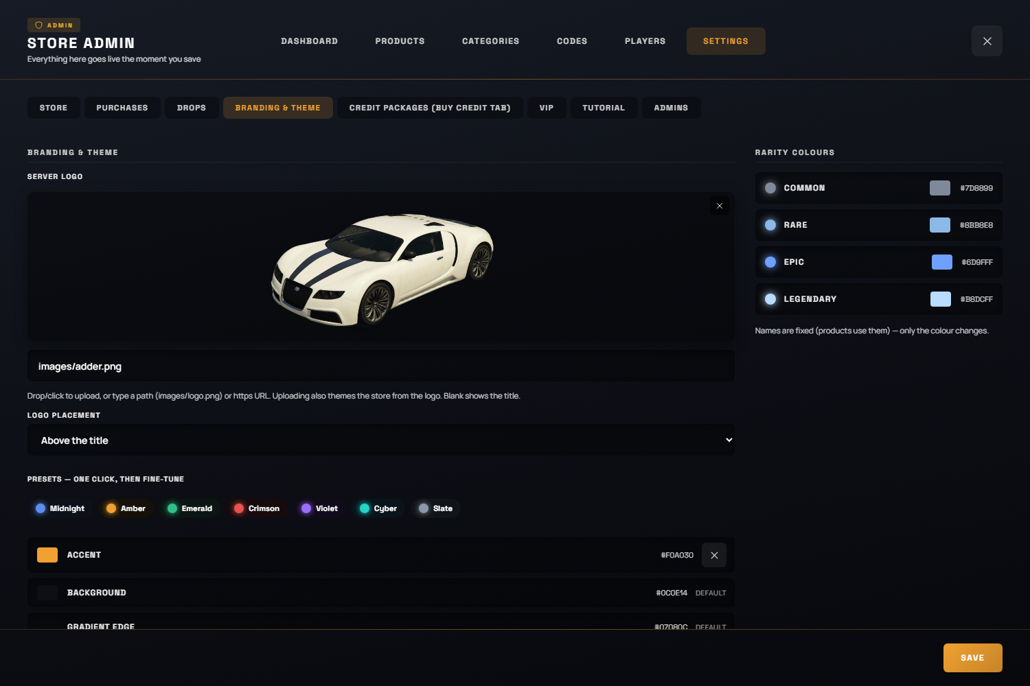 Branding & Theme — upload a logo and the whole store recolours from it