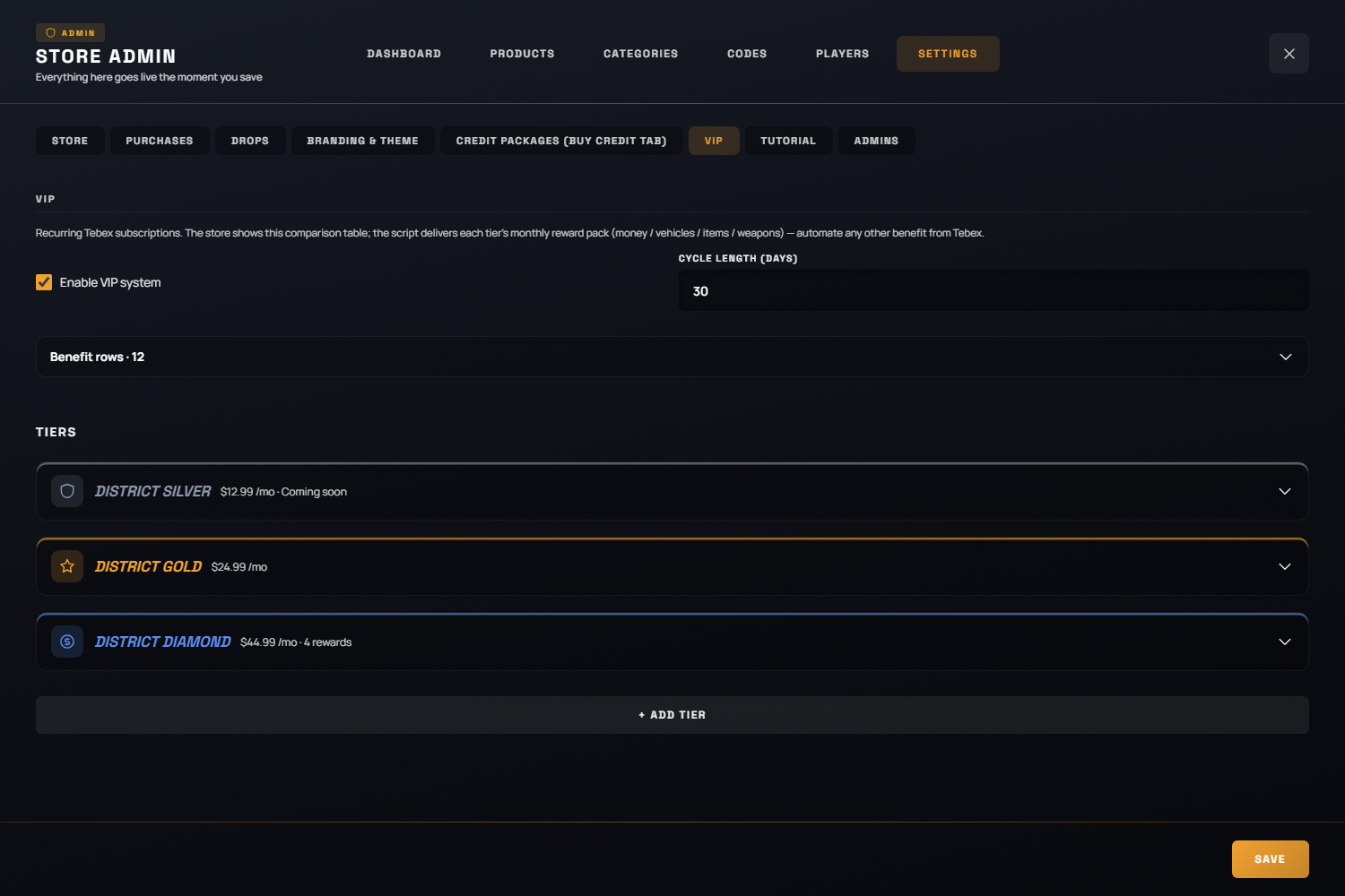 The admin VIP editor — tiers, reward packs and the benefits matrix